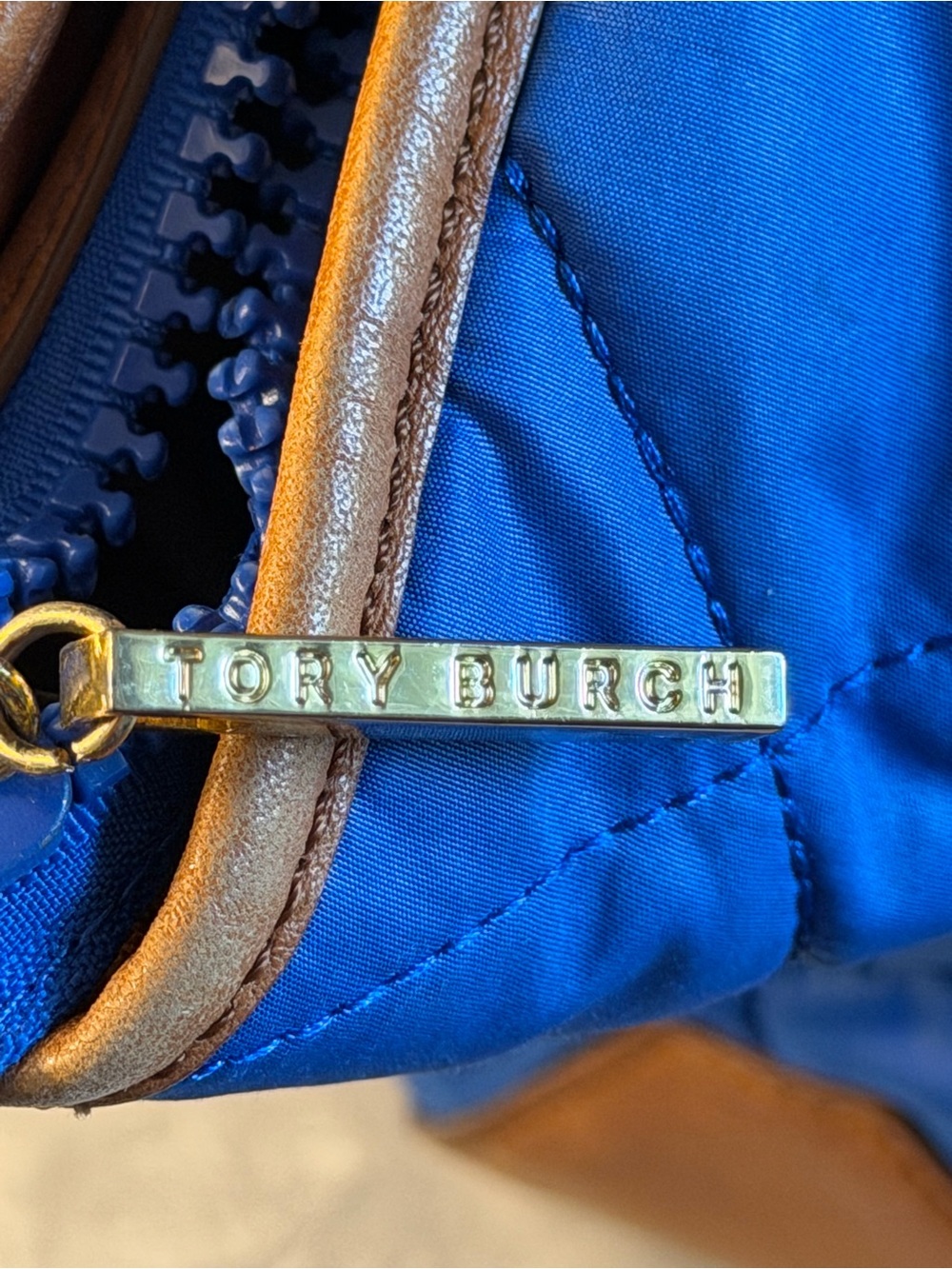 EUC Tory Burch Leather & Quilted Blue Tote. - Picture 8 of 12